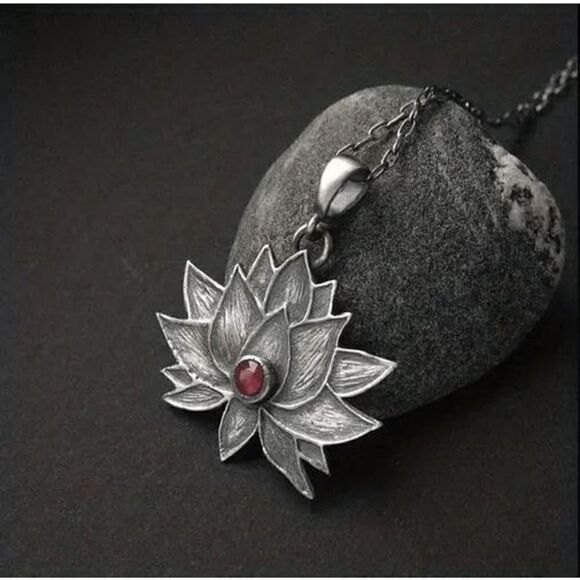 Lotus Flower Silver Ruby Pendant Necklace - Picture 1 of 5